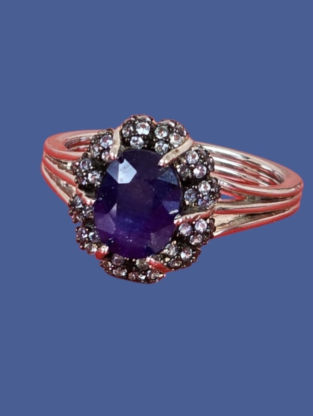 925 Sterling Silver Ring Sz 8.5 with Natural Sapphire & Cz